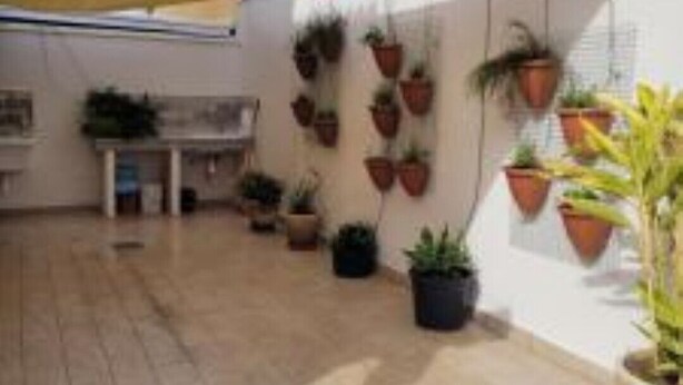 Ein Patio mit gelbem Sonnensegel, Fliesenboden und an der Wand angeordneten Pflanzkübeln.
