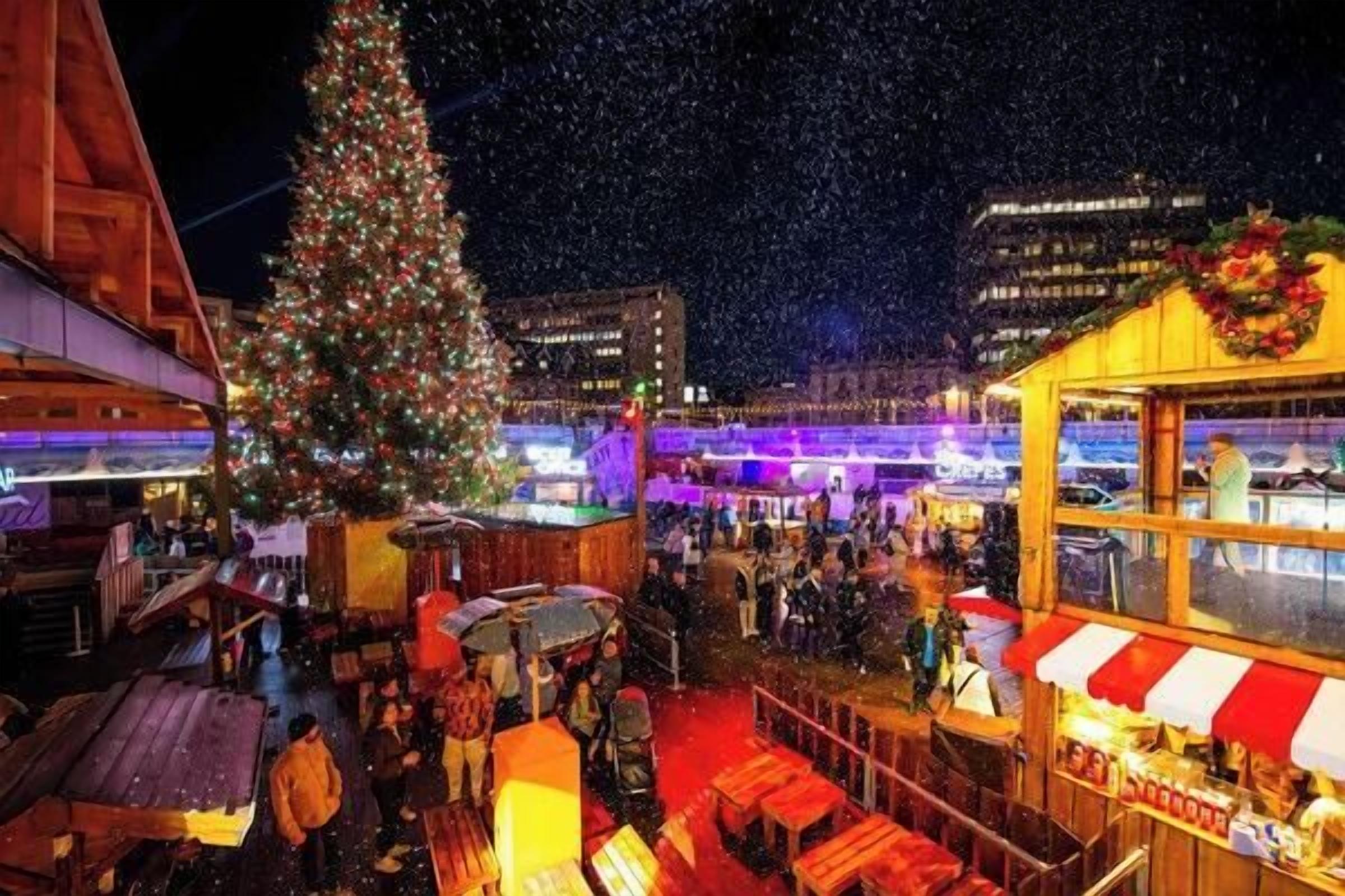 A nighttime outdoor market with a large Christmas tree, wooden stalls, and a covered area with a red and white striped awning.