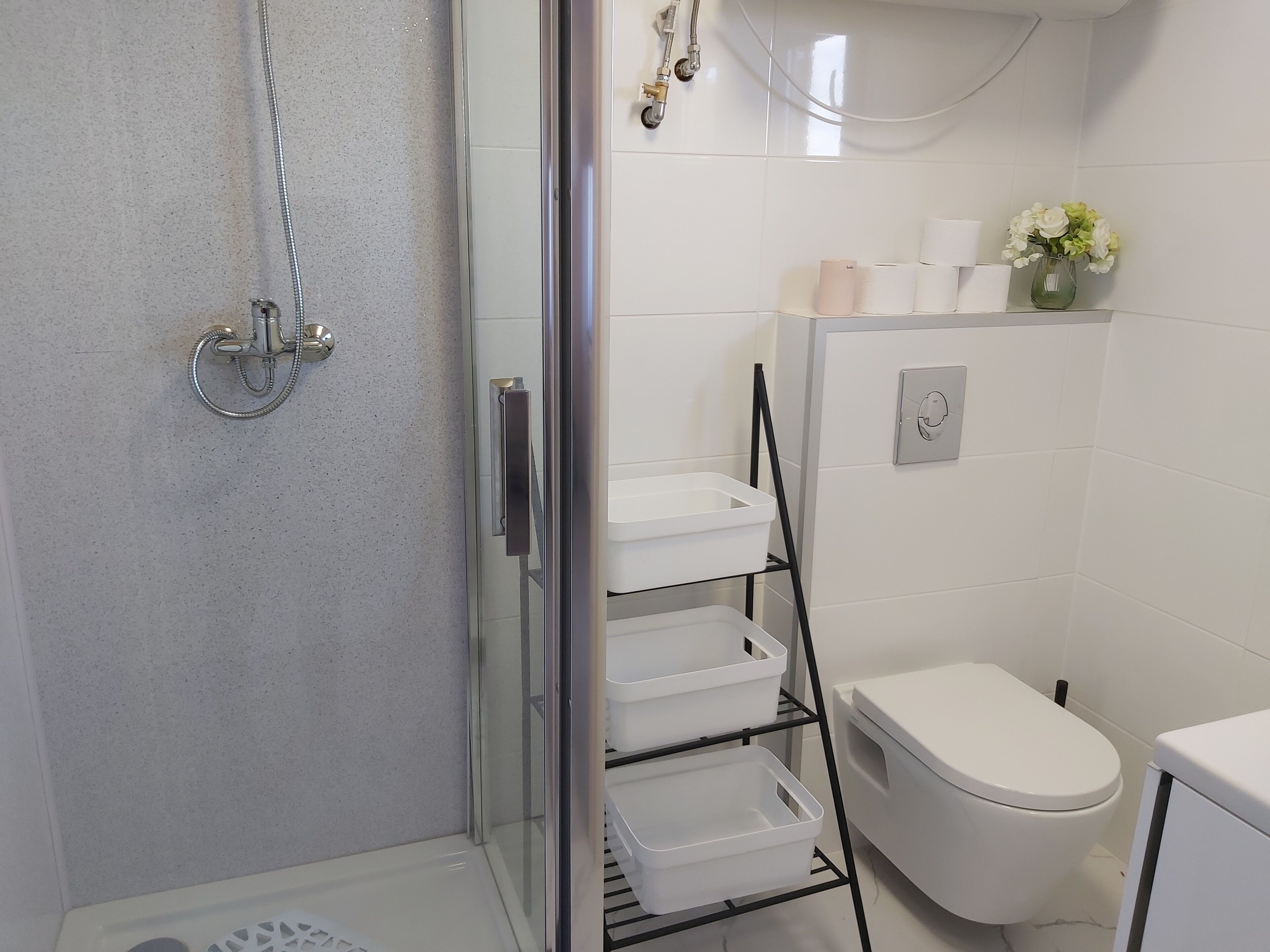 Shower, rainfall showerhead, hair dryer, toilet paper