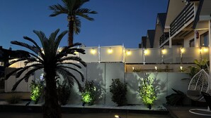 Een goed verlicht buitengebied met een palmboom, plantenbakken en een houten terras.