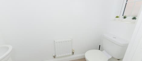 A small, white bathroom with a toilet, a radiator, and a window with small plants.