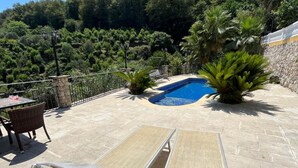 A pool area with a stone patio, lounge chairs, and a view of a forested hillside. - Villa Isabella: relaxation, calm, pool and beautiful beaches nearby (Ventimiglia)