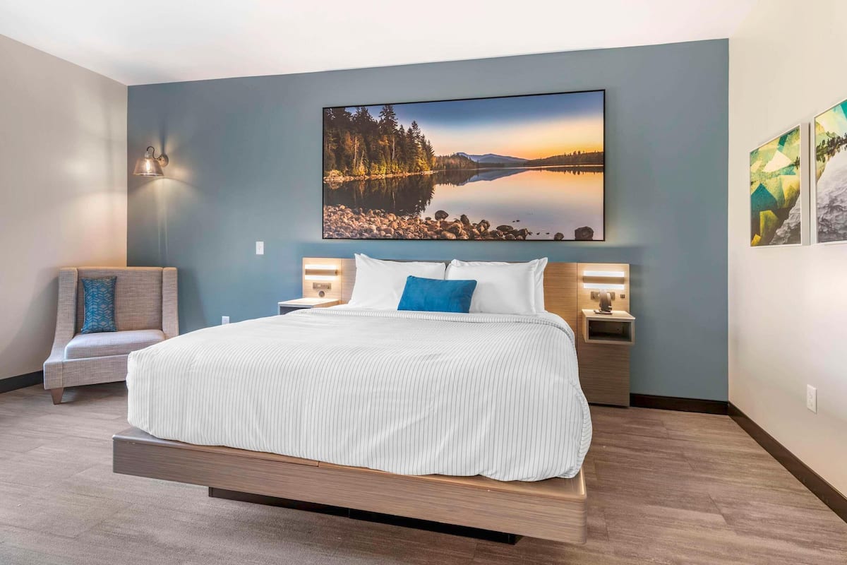 A modern bedroom with a large bed, a nightstand, a wall-mounted lamp, and a painting of a lake.