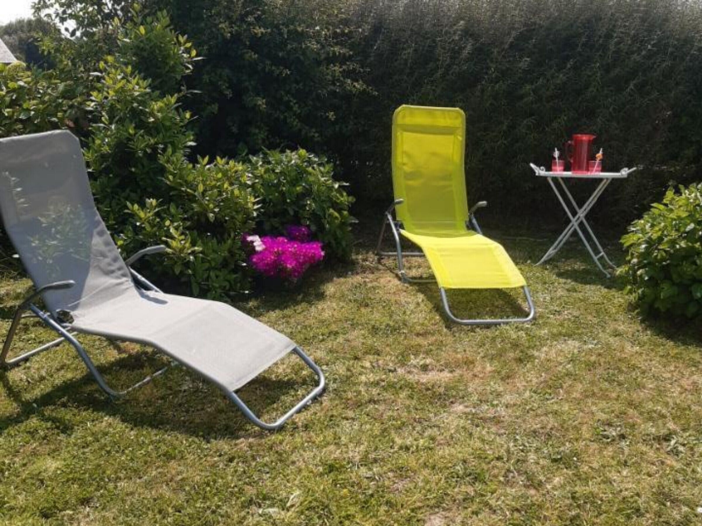 Deux chaises de jardin sont placées dans un jardin, entourées de pelouse et d’arbustes.