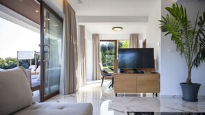 A modern living room with a sofa, a television, a cabinet, and a potted plant. - Zavia Alpha in Syvota (Igoumenitsa)