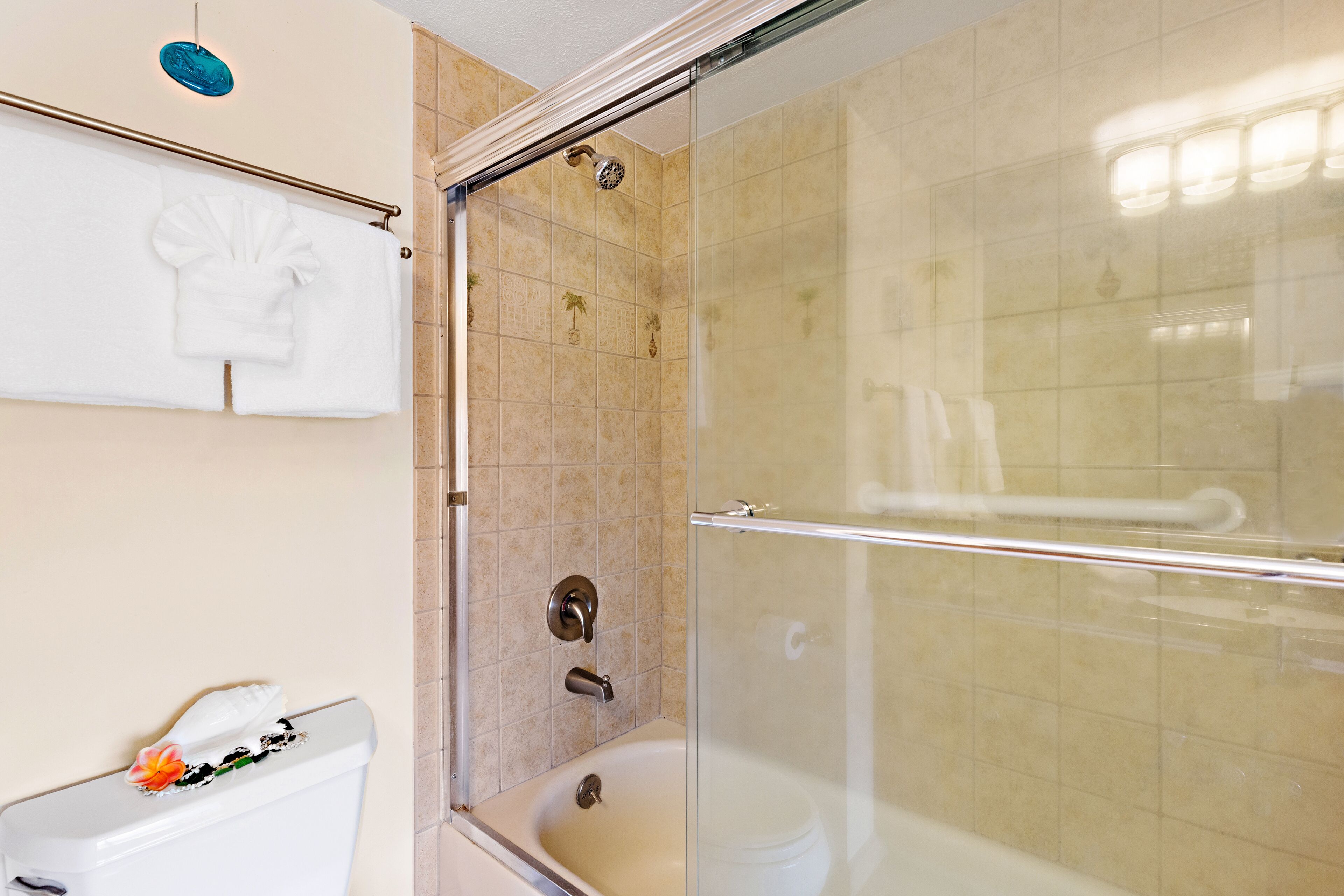 Un bagno con doccia vetrata, un water e un porta asciugamani.