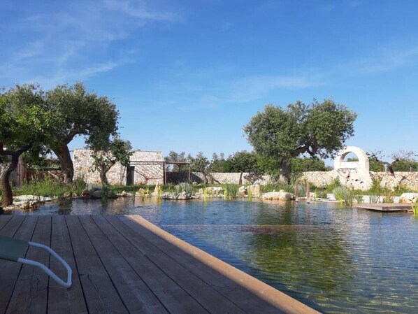 A wooden deck leading to a calm water body with stone structures and trees in the background.