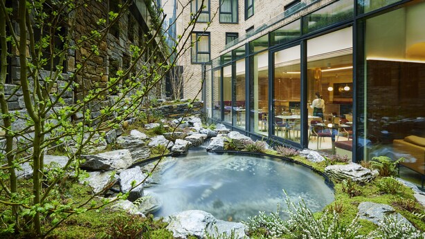 A serene garden with a pond, surrounded by rocks and greenery, adjacent to a modern building with large windows. - The Chancery Hotel (Dublin)