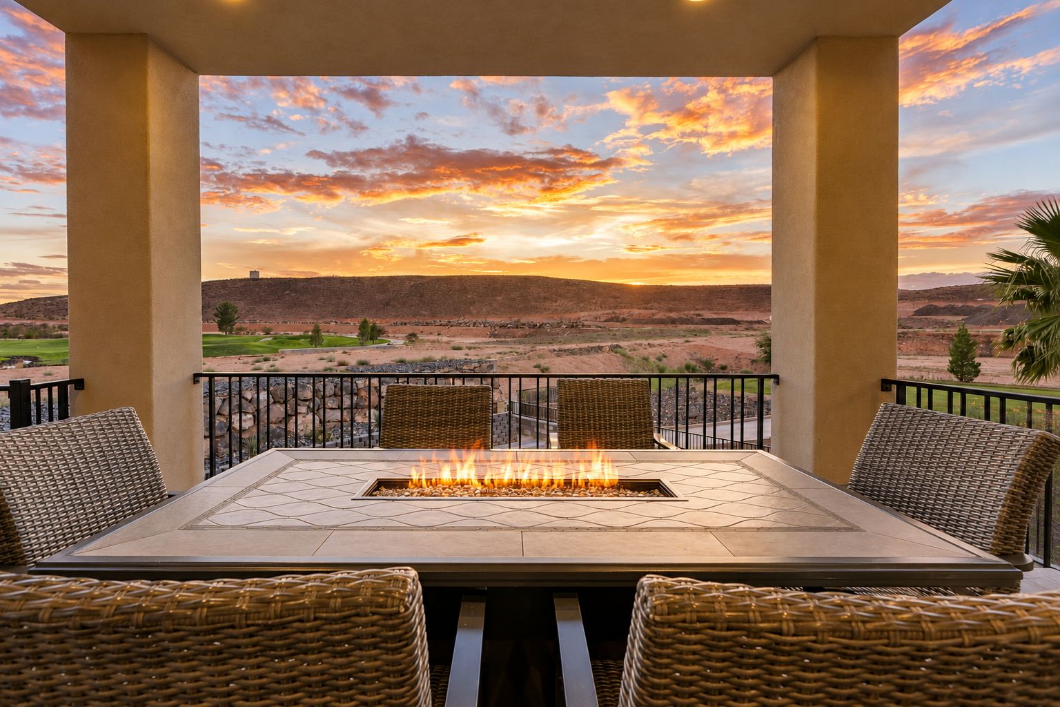 An outdoor patio with a fire feature, wicker furniture, and a view of a desert landscape.