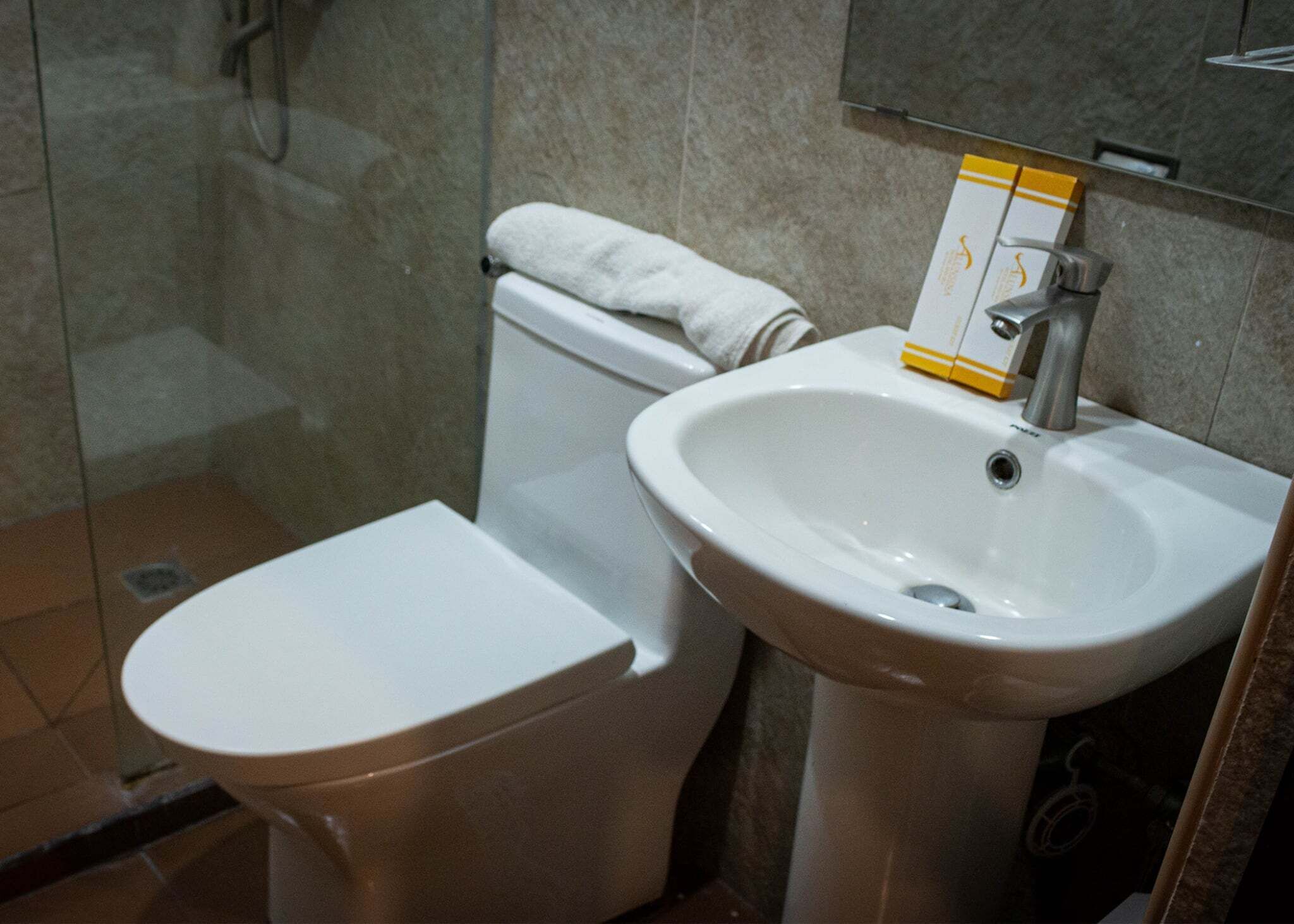 A bathroom with a white toilet, a sink, and a glass shower enclosure.