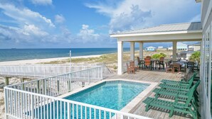 A pool area with a view of the beach and ocean. - Beachfront | Elevator | Pet Friendly | Private Heated Pool (Gulf Shores)