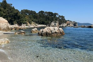 A clear coastal area with rocky formations and trees.