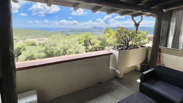 A balcony with a view of a mountainous landscape, a potted plant, and a wicker sofa.