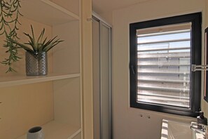 Une salle de bain avec une fenêtre, un lavabo et une étagère sur laquelle est posée une plante.