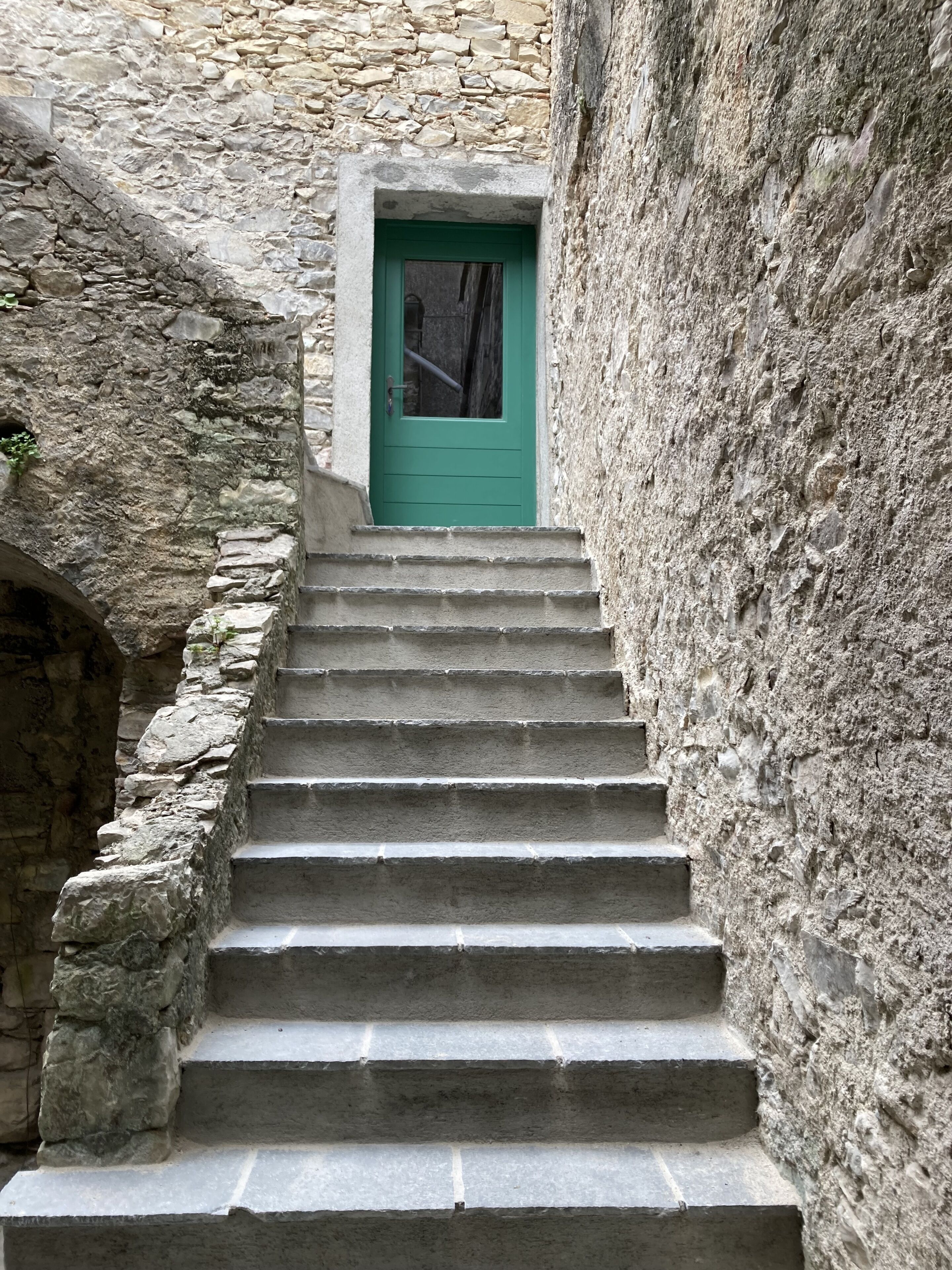 Un escalier en pierre mène à une porte verte, encadrée par des murs de pierre brute.