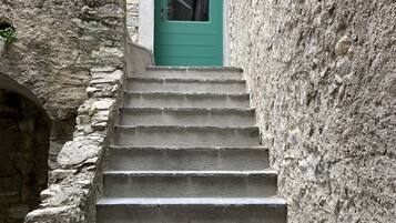 Un escalier en pierre mène à une porte verte, encadrée par des murs de pierre brute.