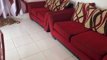 A red sofa with patterned cushions, a tiger lying on the floor, and a curtain with a wavy pattern.