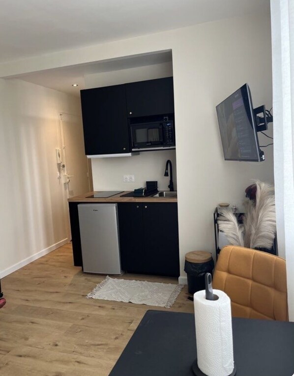 Compact living space with a kitchenette featuring a microwave, refrigerator, and sink.