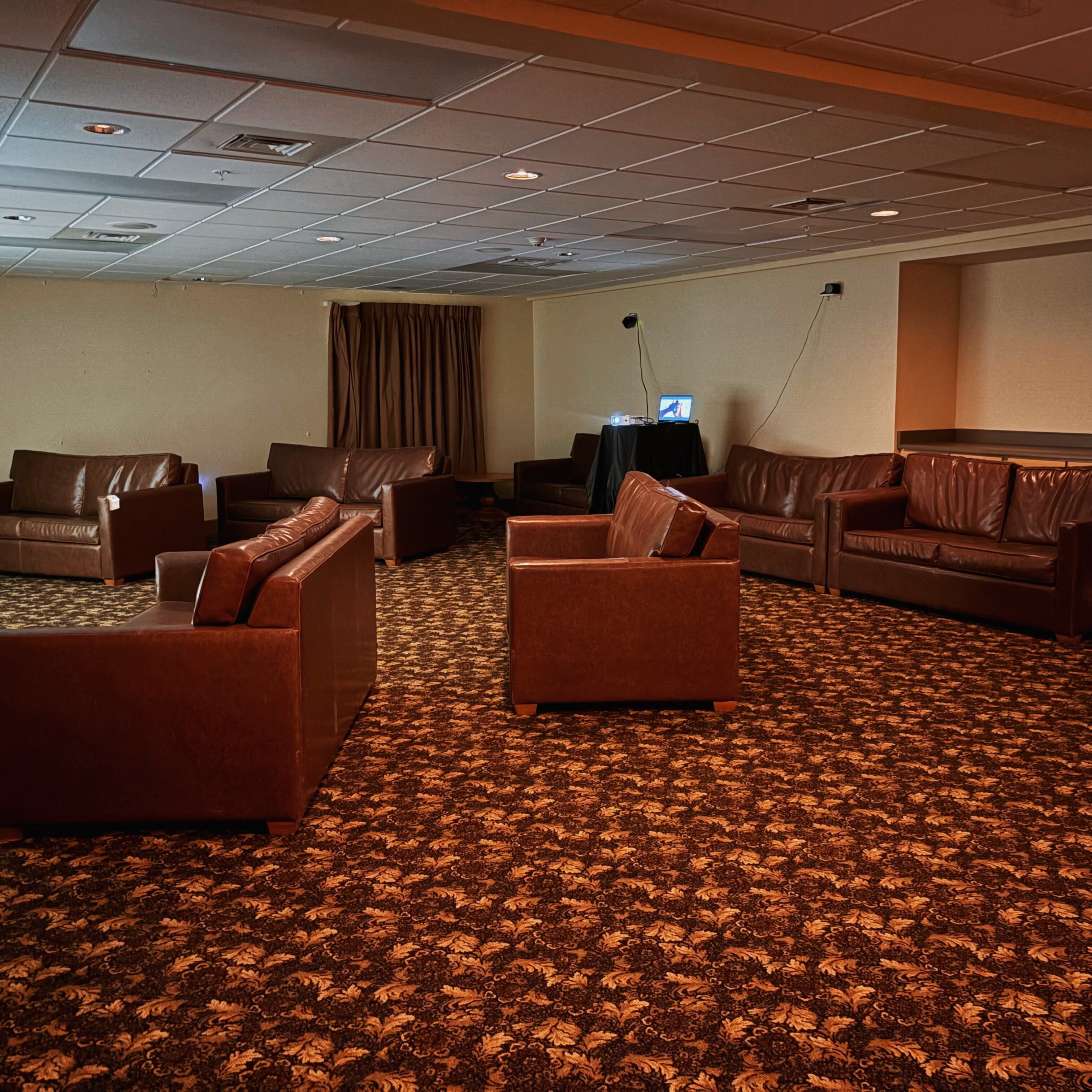 A hotel room with a patterned carpet, leather sofas, a television on a table, and a curtain.