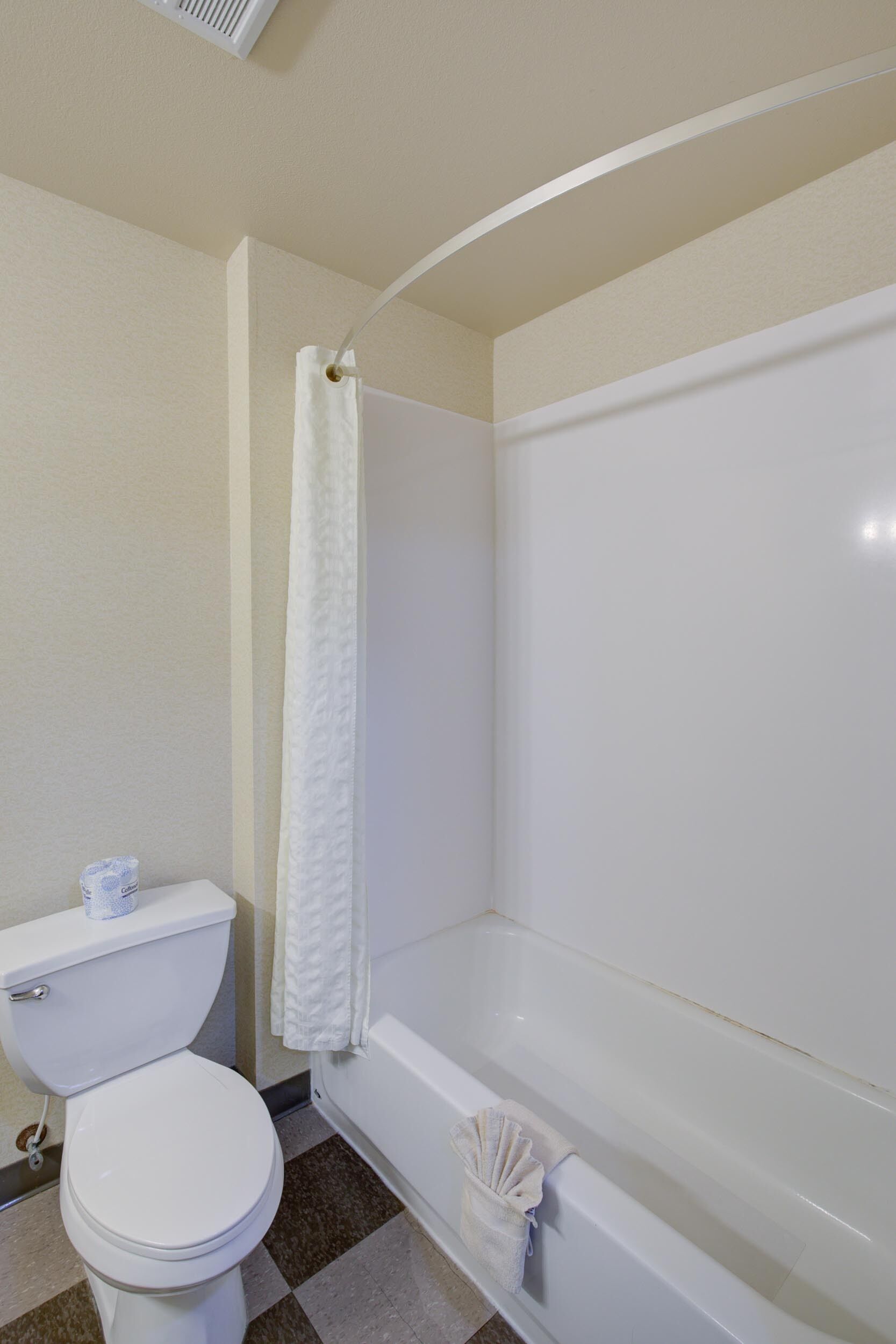 A bathroom with a toilet, bathtub, and shower curtain.
