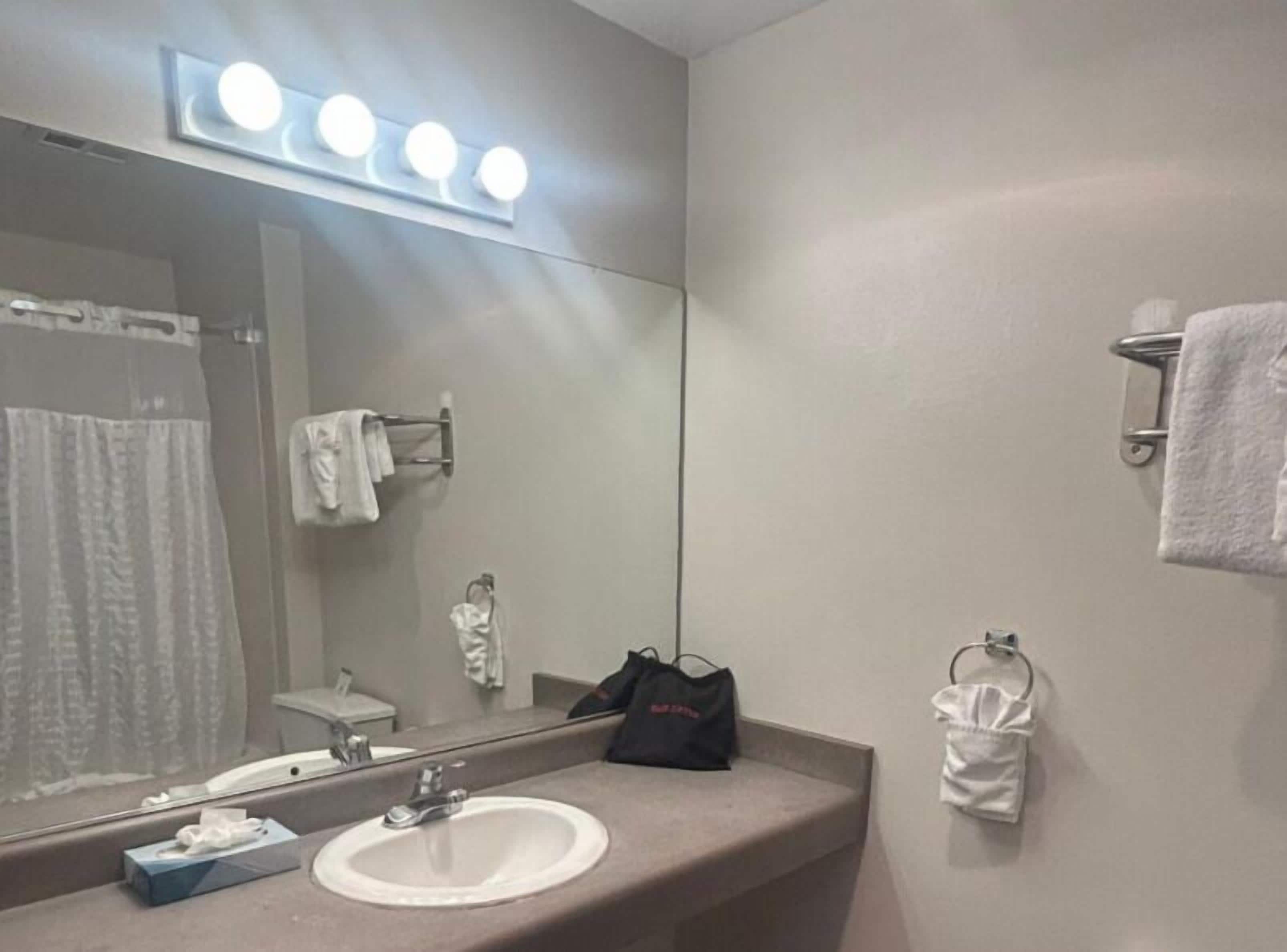 A bathroom with a large mirror, a sink, and a towel rack.