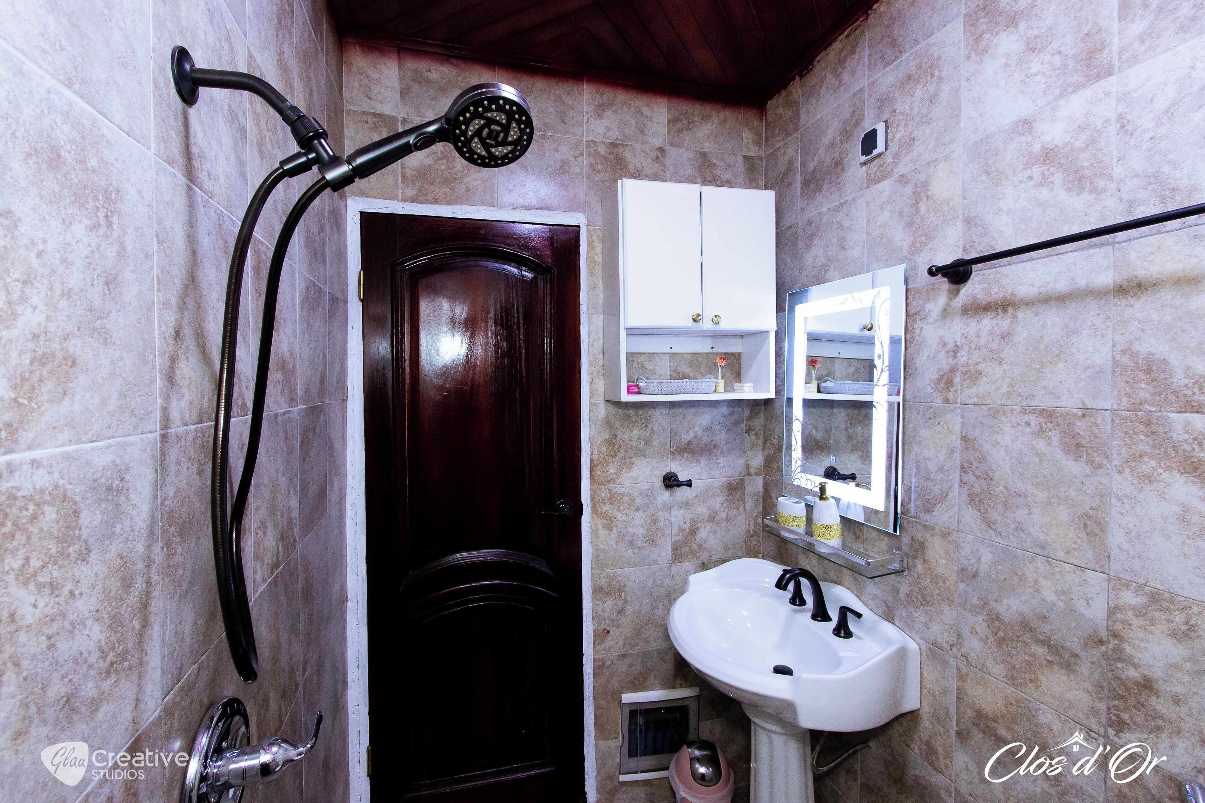 A bathroom with a shower, a sink, a cabinet, and a mirror.