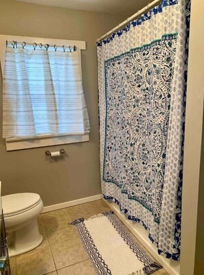 Bathroom features a toilet, shower, and striped window curtain.