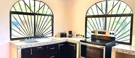 Fridge, microwave, oven, stovetop