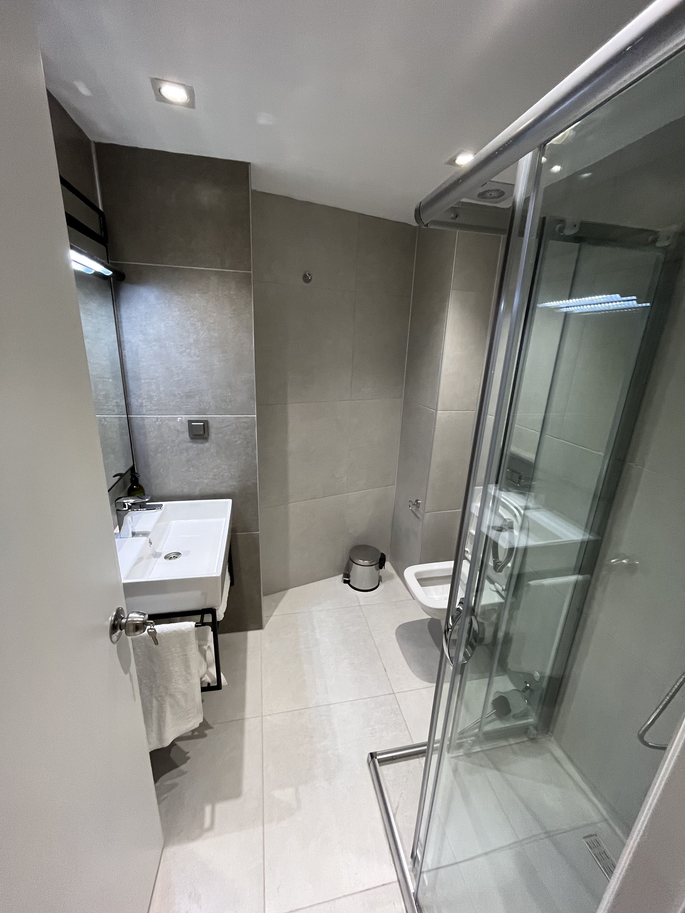 A modern bathroom with a glass shower enclosure, a sink, and a toilet.
