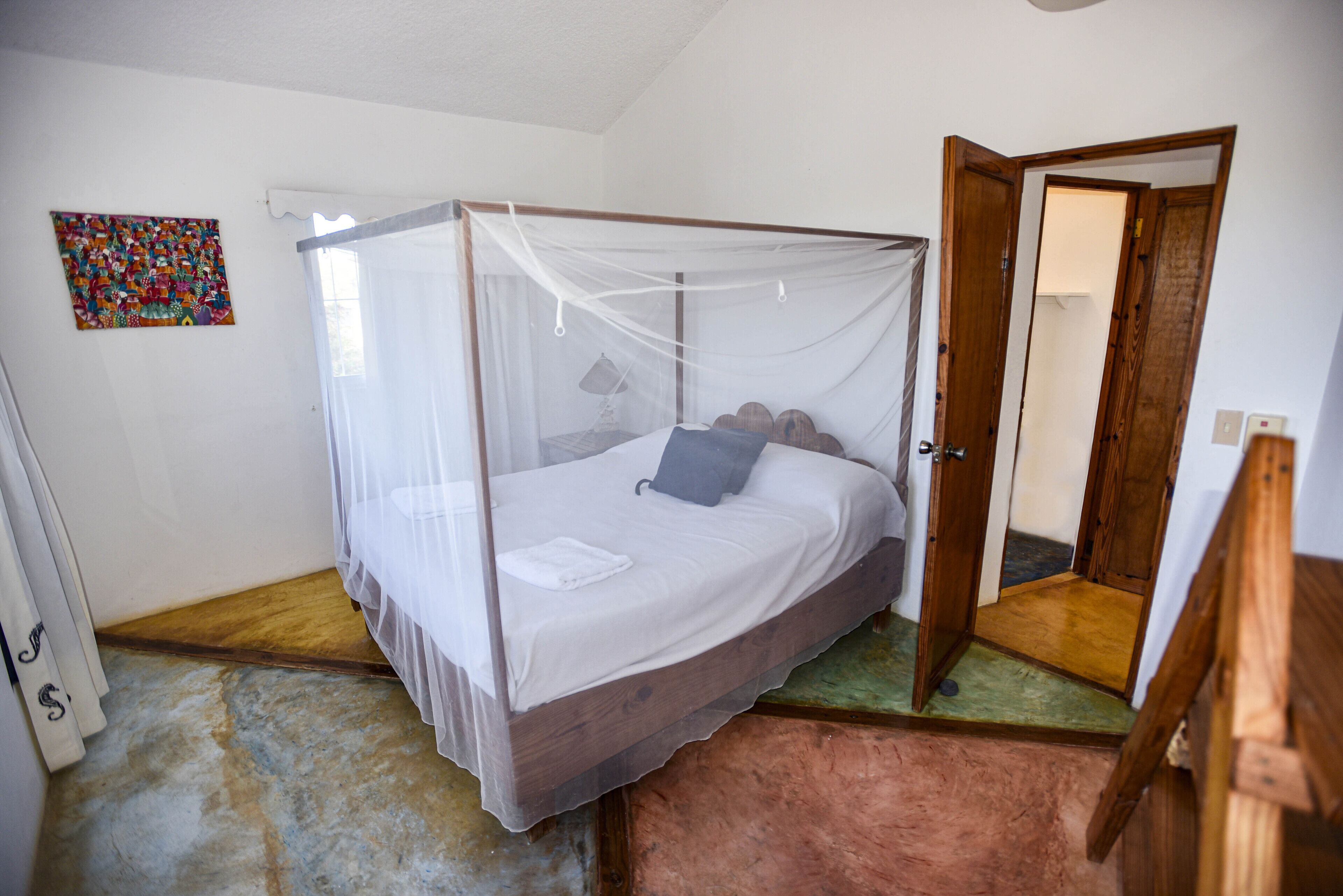 A single bed with a canopy, a wooden door, and a colorful artwork on the wall.