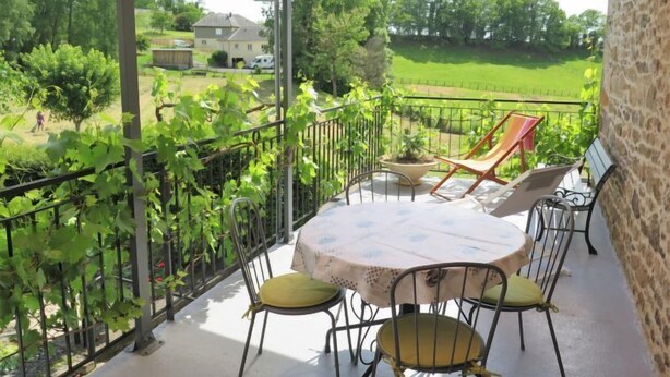 Un patio techado con una mesa y sillas, una planta en maceta y vistas a un paisaje verde.