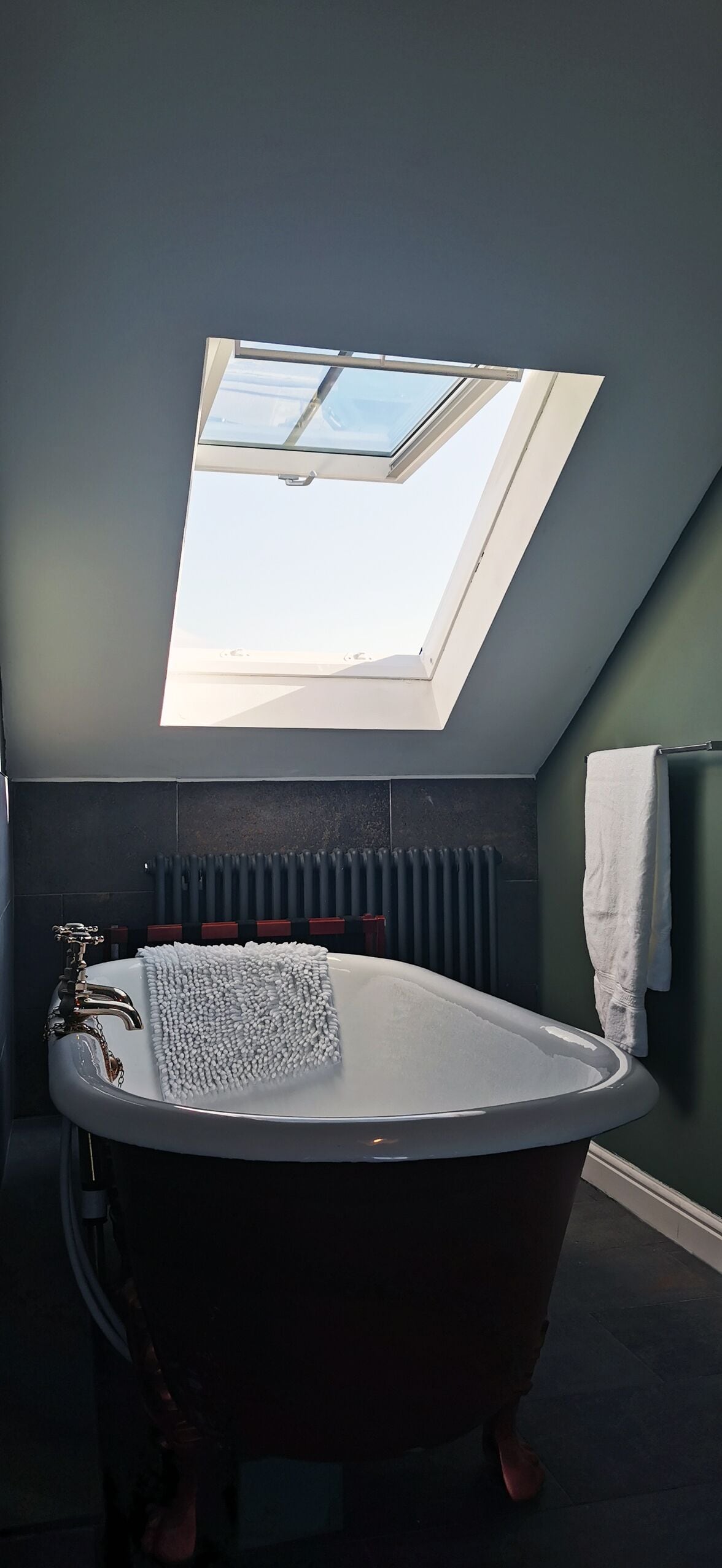 A bathroom with a freestanding bathtub, a skylight, a towel rack, and a radiator.