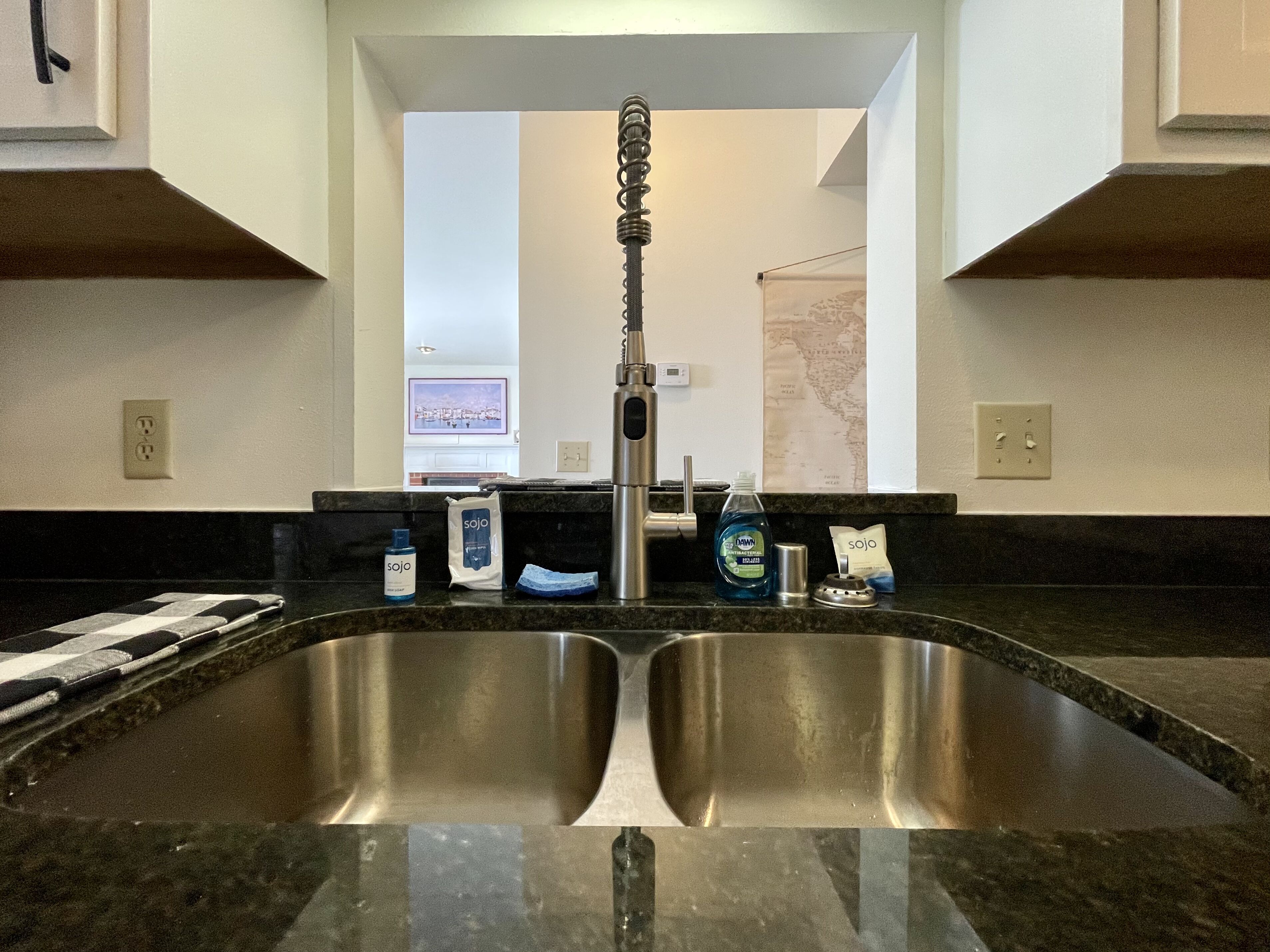 A kitchen with a double stainless steel sink, a faucet, and a countertop with cleaning supplies.