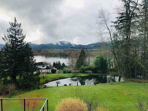 Une propriété au bord du lac, comprenant une maison, un étang et de la verdure environnante.