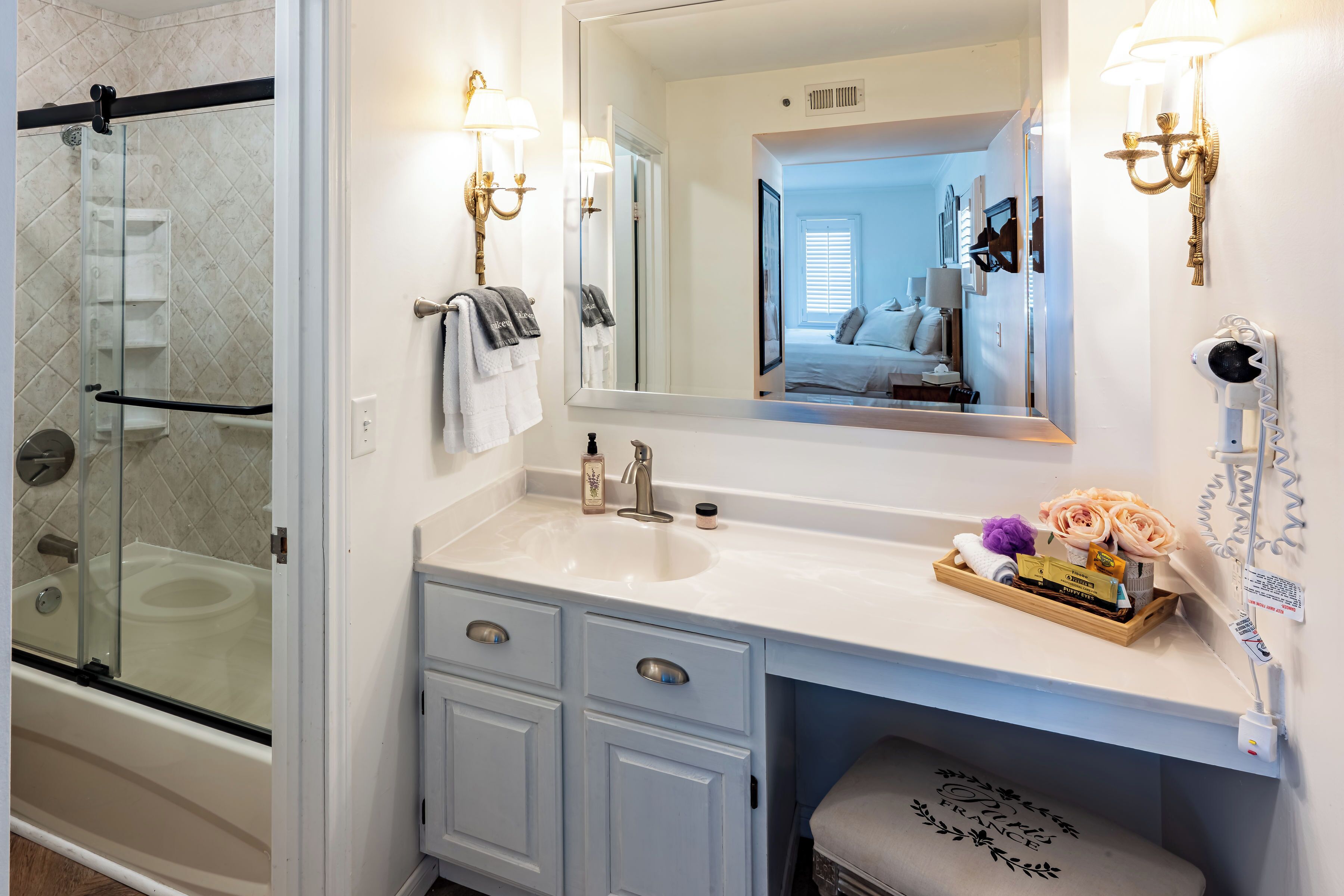 Hair dryer, towels, soap, shampoo