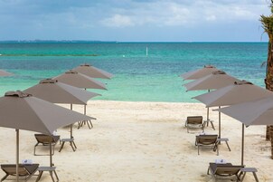 Private beach, sun loungers, beach towels