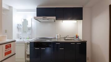 City Apartment | Private kitchen | Full-size fridge, microwave, cookware/dishes/utensils, cleaning supplies