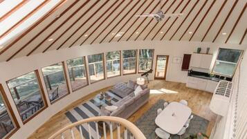 TV connectée, cheminée, lecteur de DVD, livres