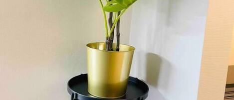 Una planta en maceta sobre un soporte de metal negro en un rincón.