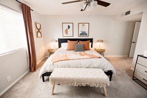 4 bedrooms, desk, iron/ironing board, travel cot