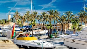 Un port de plaisance avec des bateaux amarrés, des palmiers et un bâtiment surmonté d’une tour en arrière-plan.