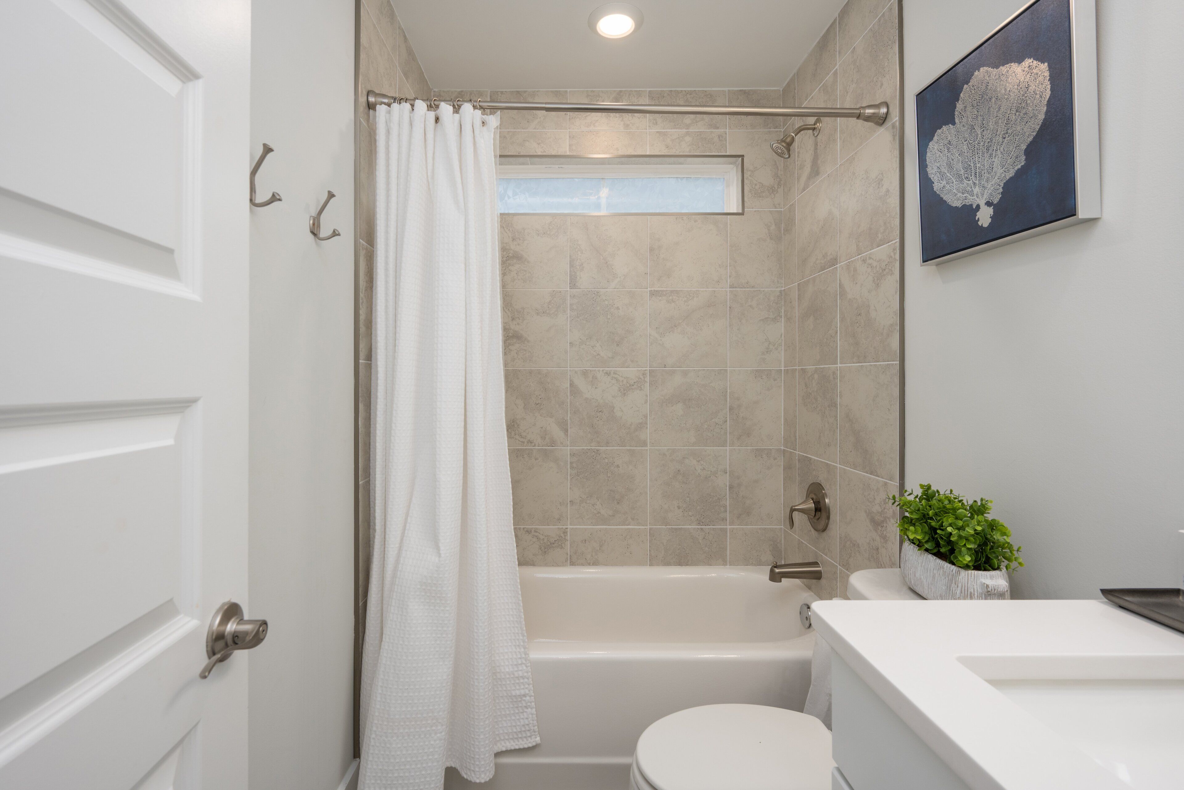 A modern bathroom with a bathtub, toilet, and a shower curtain.