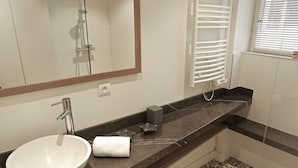 A modern bathroom with a white sink, a large mirror, and a shower. - Sauvageau - 1 chambre avec parking (Burdeos)