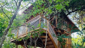 Een houten boomhut met een houten trap en een platform, omringd door een dicht bos.