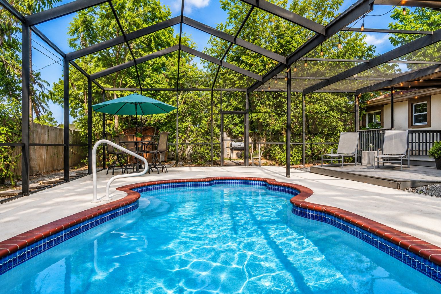 A swimming pool with a clear blue water, surrounded by a covered patio area with chairs and an umbrella.