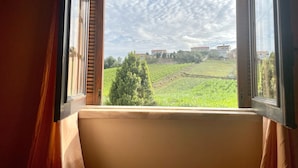 A room with a large window offering a view of a green field and distant buildings. - R. Principal 25 (Torres Vedras)