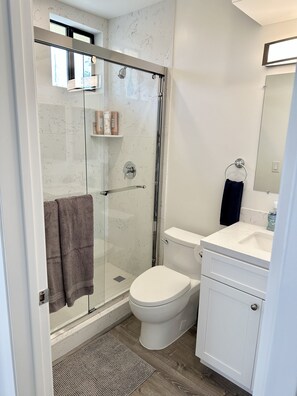 Hair dryer, towels, soap, toilet paper