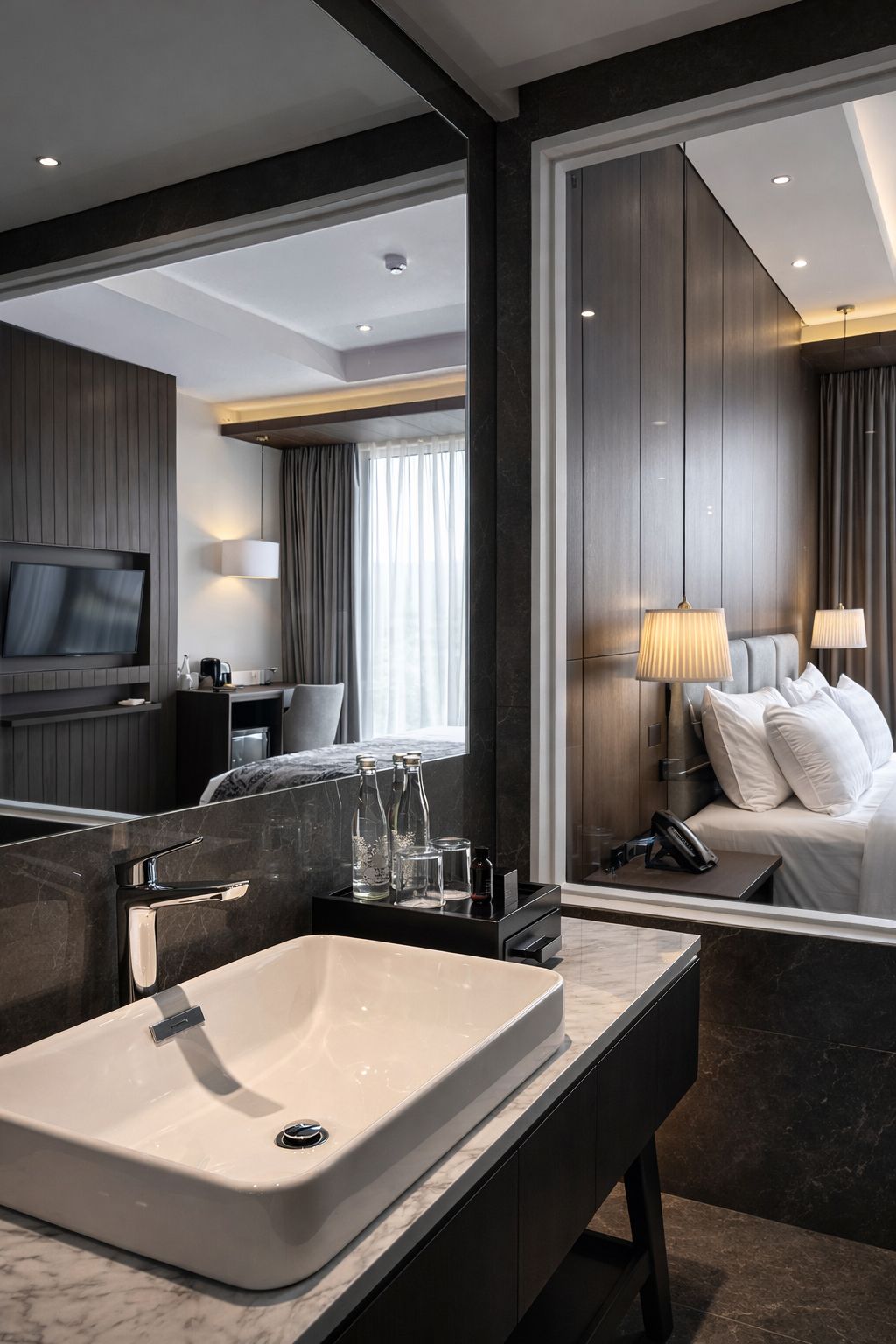 A modern hotel bathroom with a large mirror, a sink, and a vanity.