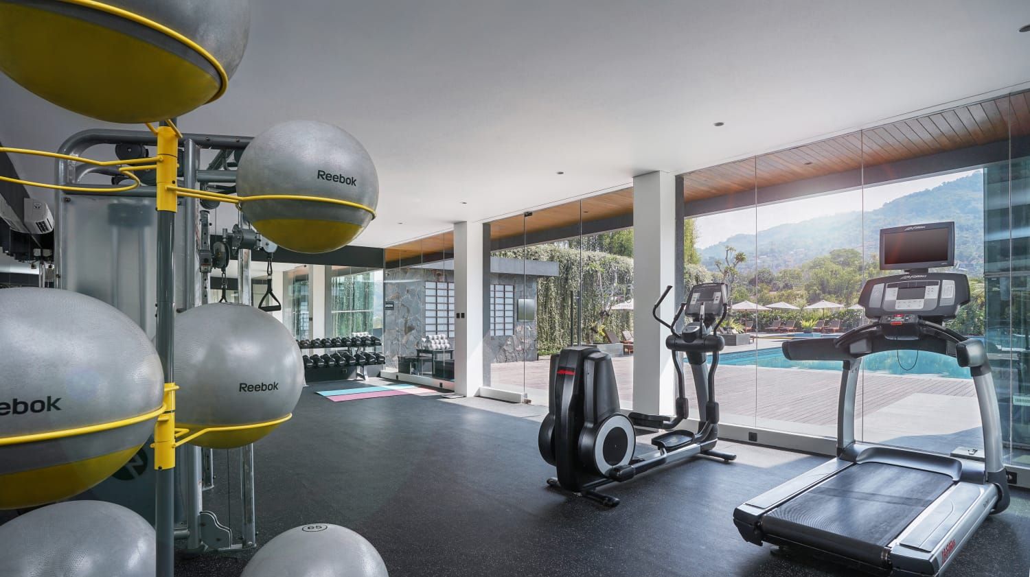 A modern gym with exercise equipment, a treadmill, and a view of a pool and mountains.