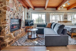 TV, fireplace, books
